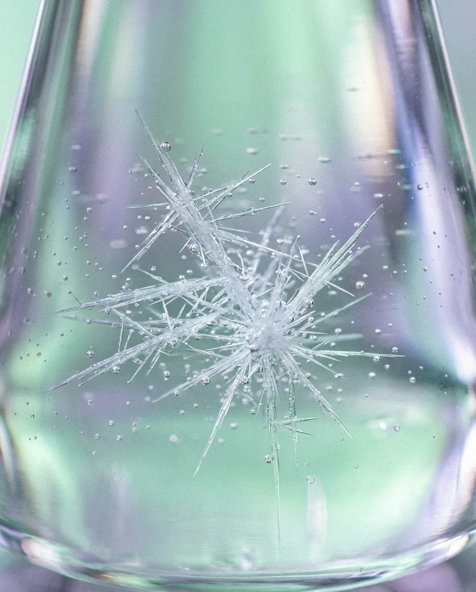 Macro of crystals forming in laboratory glassware
