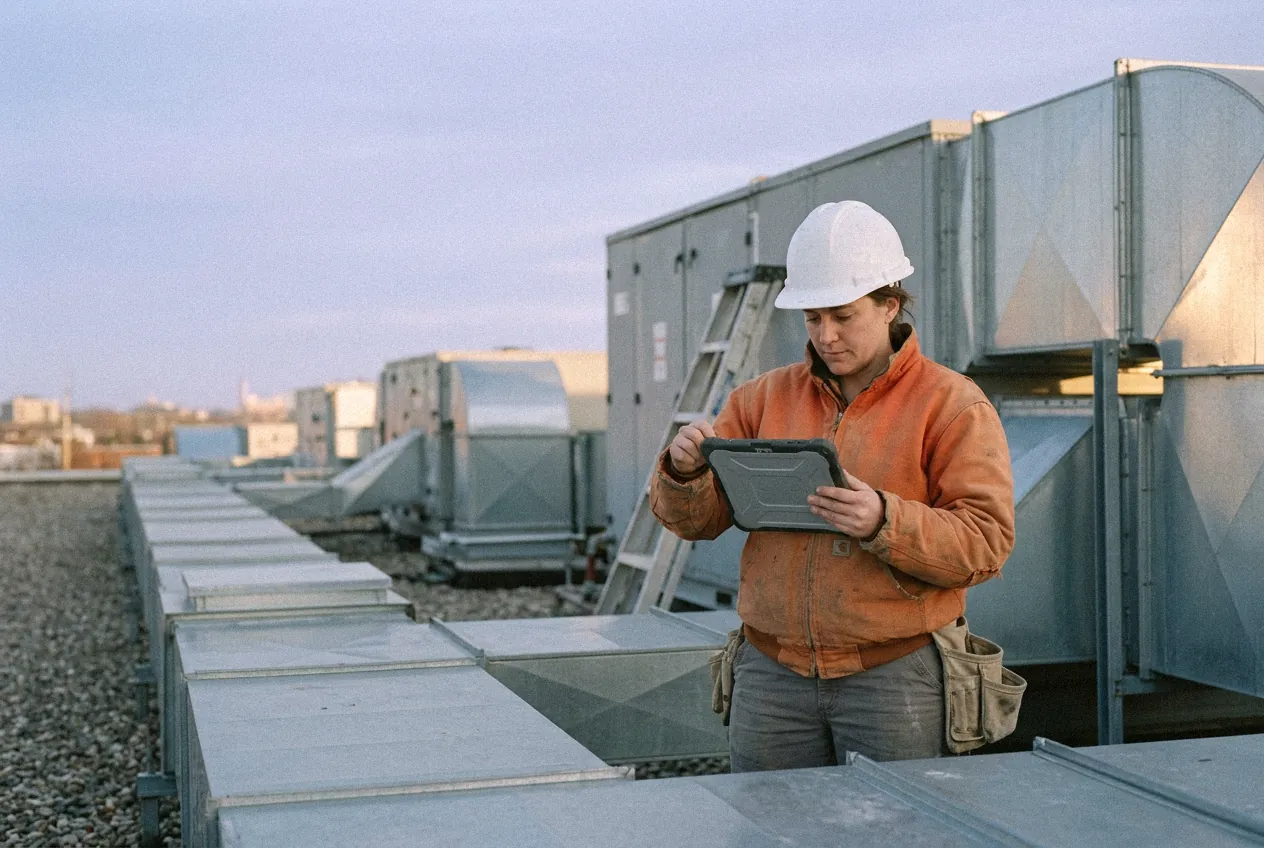 HVAC technician reviewing a tablet among rooftop units